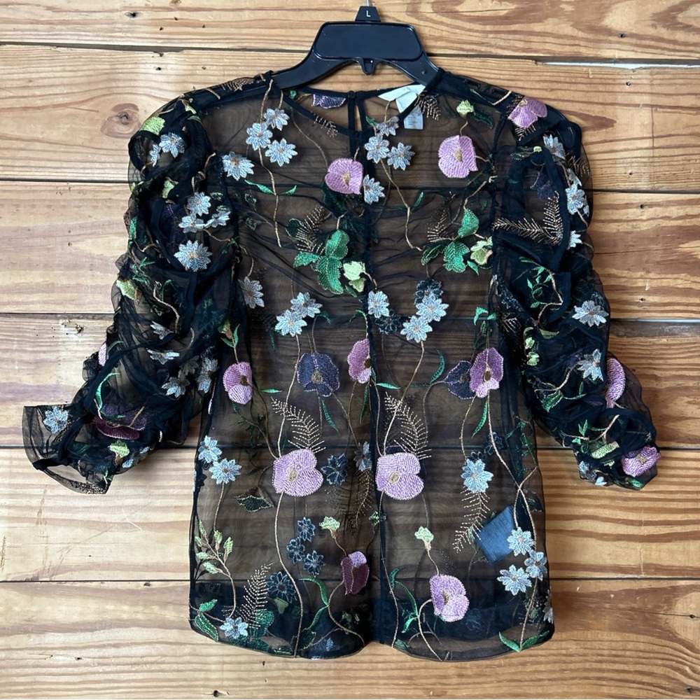 H&M Black Sheer Blouse with Floral Embroidery